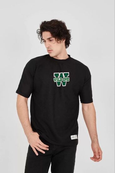 Unisex Waffle Kumaş Çift Katlamalı Kol Baskılı T-Shirt - Siyah resmi
